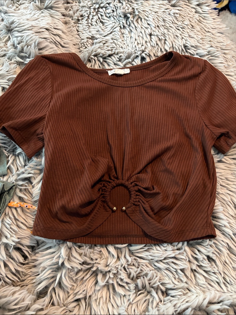 Women’s Brown Ribbed Crop Top with Front Ring Detail